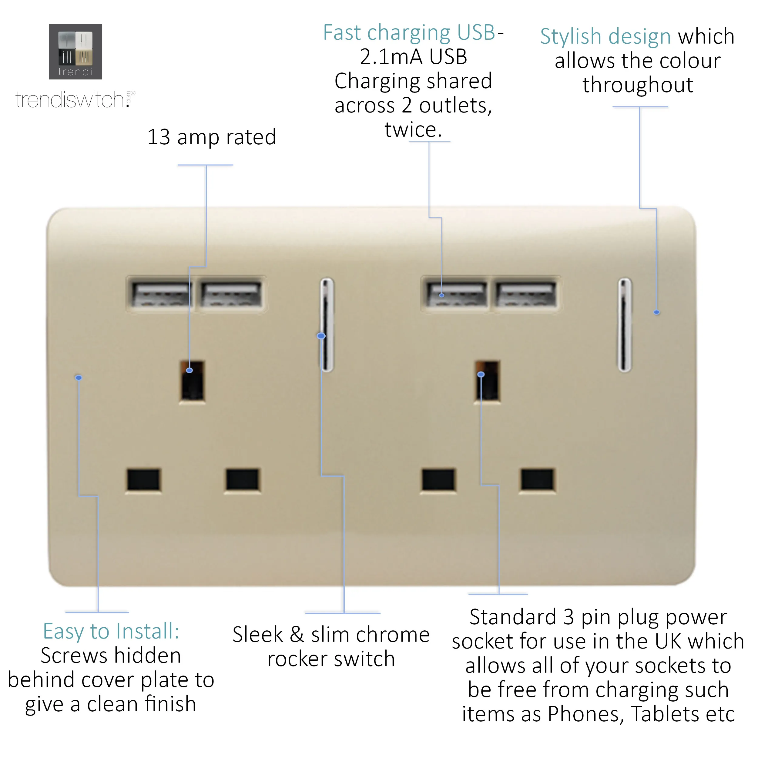 2 Gang 13Amp Switched Double Socket With 4X 2.1Mah USB Champagne Gold ART-SKT213USBGO  Trendi Champagne Gold